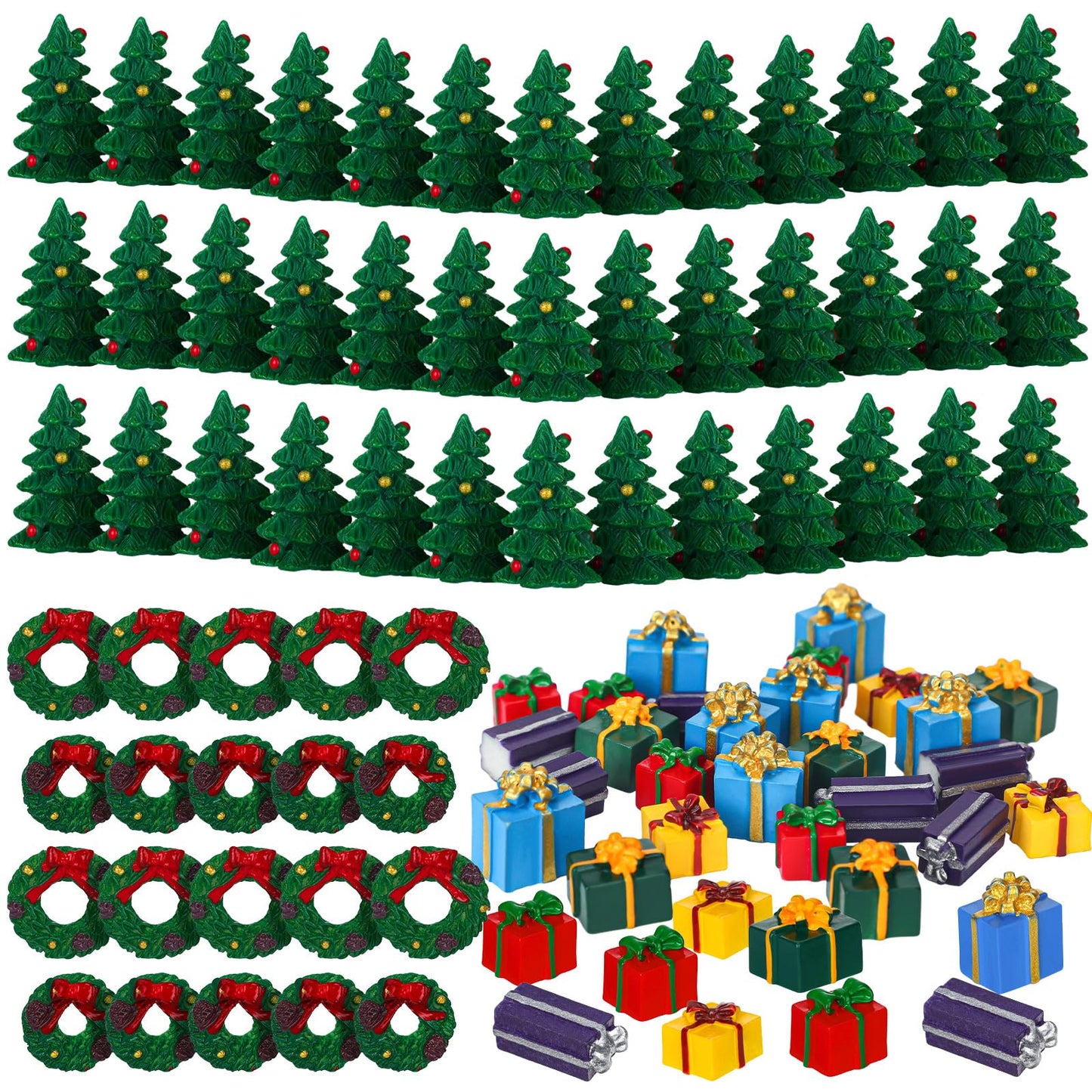 Poen 120 Pcs Christmas Miniature Ornaments Kit 50 Mini Christmas Trees Ornament 50 Christmas Resin Miniature Gift Box and 20 Mini Green Christmas Wreaths Decorations for DIY Christmas Crafts