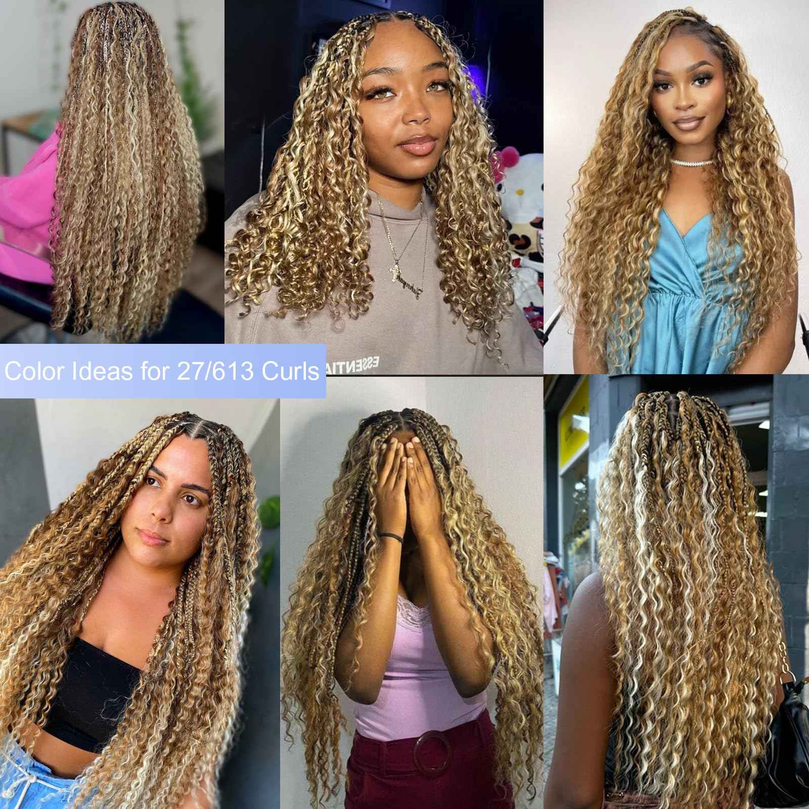 Highlight Human Braiding Hair for Boho Braids, 27/613 Curly Boho Human Hair for Braiding Highlights Blonde Deep Water Wave Bulk Human Hair Color 27 and 613 Bohemian Knotless Braids Two Bundles