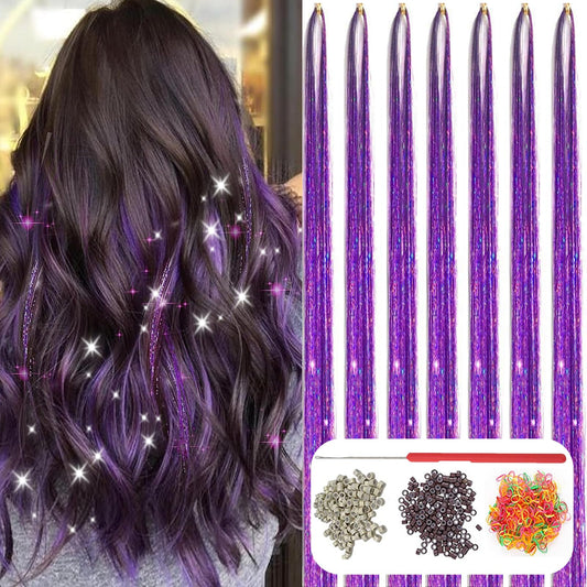 Purple Hair Tinsel Kit: 48 Inches 7Pcs 2100 Sparkling Strands Glitter Tinsel Hair Extensions with Tools - Fairy Heat Resistant Hair Tinsel Accessories for Women Girls Kids