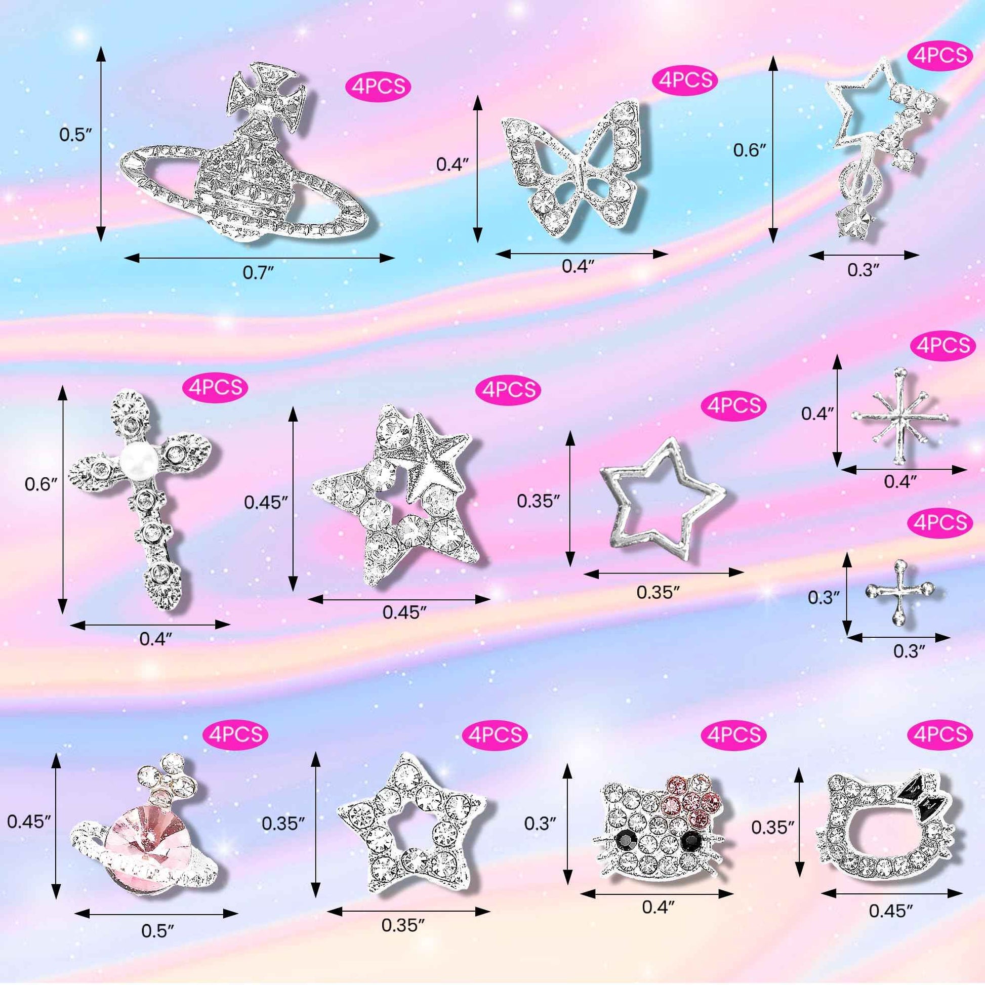 Nail Charms and Gems,KYLELOVE 48 PCS Y2K Kawaii Nail Charm 3D Silver Butterfly Star Nail Charms Rhinestone Charms for Nails Art Craft DIY Decoration