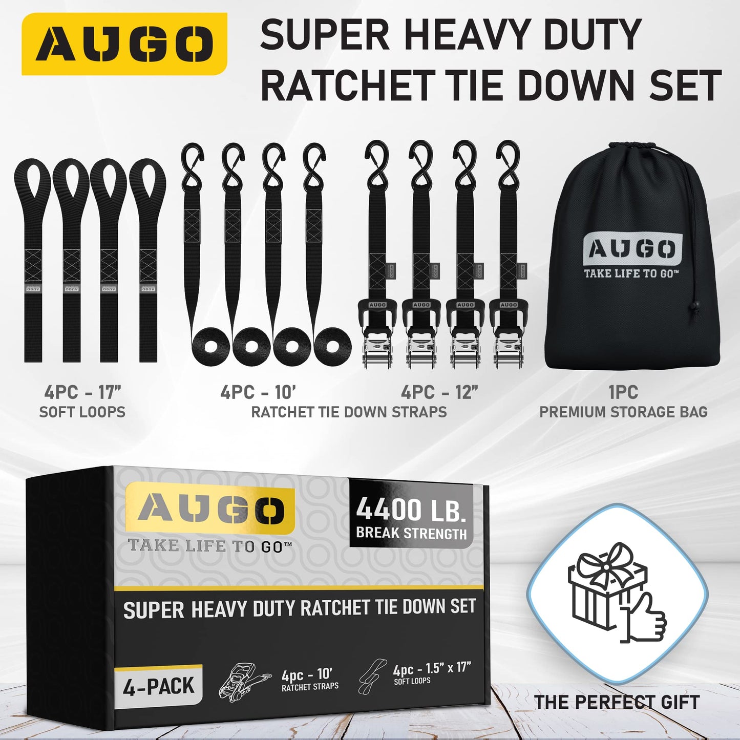 AUGO Heavy Duty Ratchet Straps & Soft Loops – Pack of 4 Extra Strong 1.5” by 10’ Ratchet Straps w/S-Hook Safety Latches & 4 Soft Loop Tie Downs – 4400Lb Break Strength for Motorcycles, ATVs, Etc.