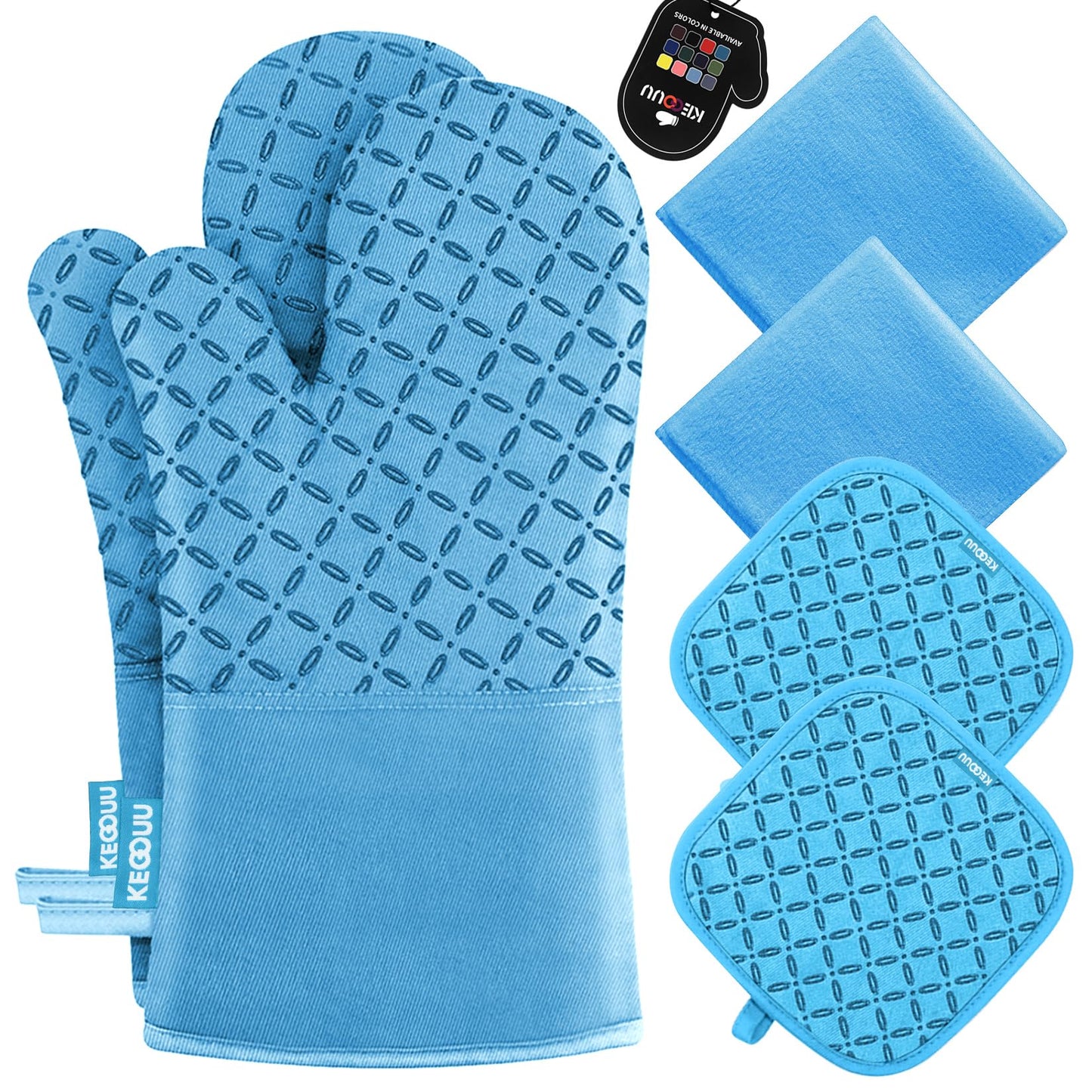 KEGOUU Oven Mitts and Pot Holders 6pcs Set, Kitchen Oven Glove High Heat Resistant 500 Degree Extra Long Oven Mitts and Potholder with Non-Slip Silicone Surface for Cooking (Sky Blue)