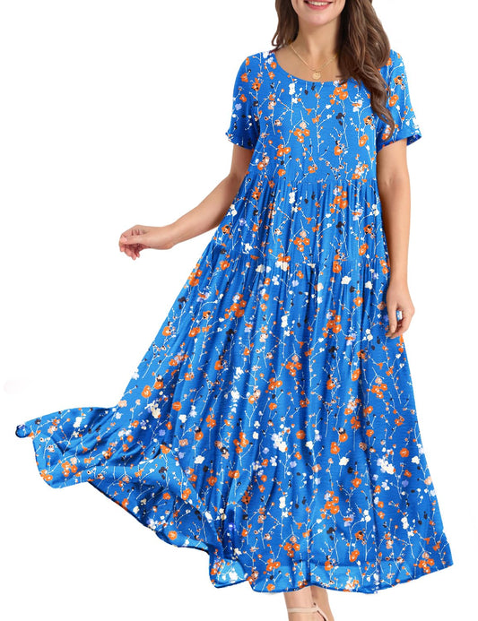 YESNO Women Casual Loose Bohemian Floral Dress with Pockets Short Sleeve Long Maxi Summer Beach Swing Dress S EJF CR414