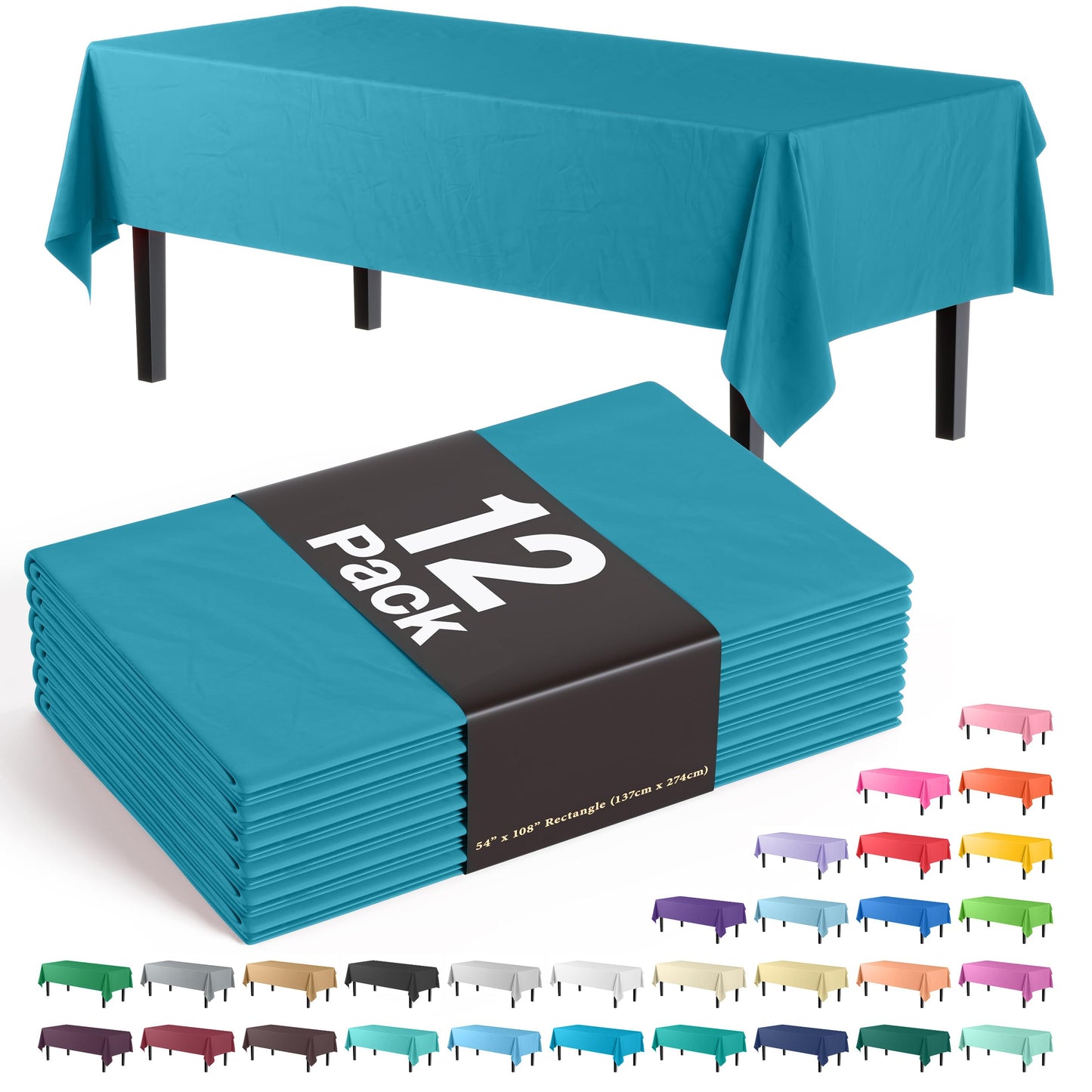 Exquisite 12-Pack Premium Plastic Tablecloth 54in. x 108in. Rectangle Table Cover - Turquoise