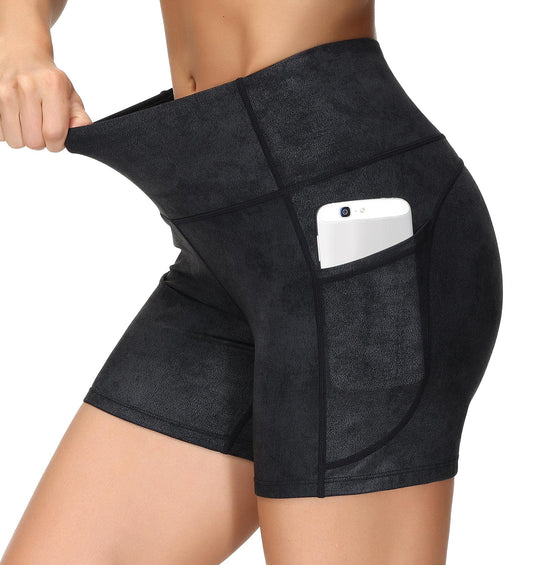 THE GYM PEOPLE High Waist Yoga Shorts for Women Tummy Control Fitness Athletic Workout Running Shorts with Deep Pockets (Small, Faux Leather Coated)