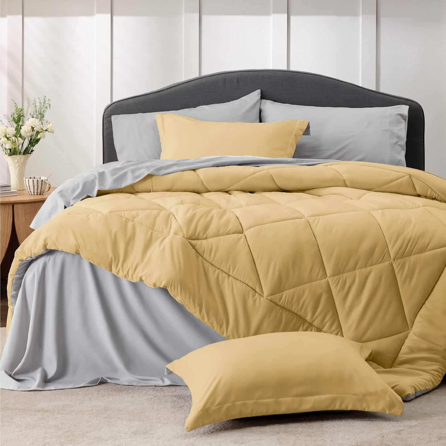 Bedsure Yellow Twin Comforter Set - 5 Pieces Reversible Twin Bed in a Bag, Extra Long Twin Bed Set with Comforters, Sheets, Pillowcase & Sham, Twin Bedding Sets for College