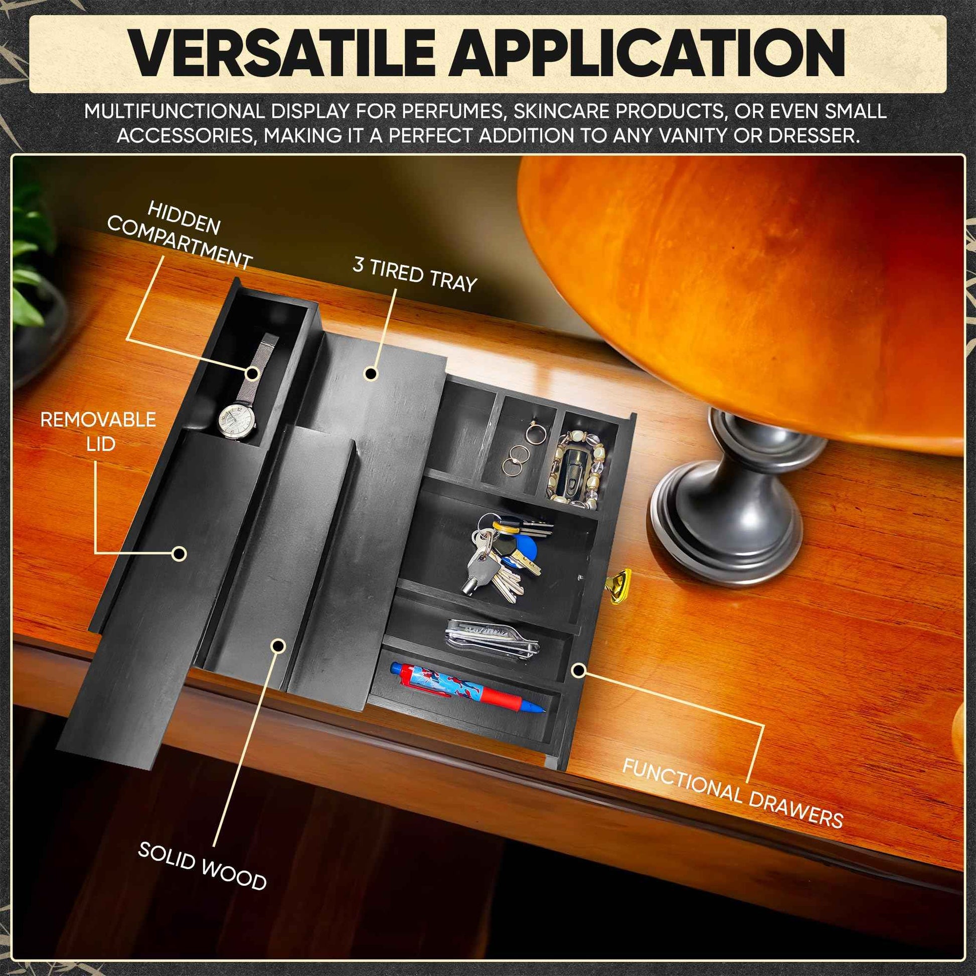 Wooden Cologne Organizer for Men – 3-Tier Cologne Shelf for Perfume Display with Hidden Compartment, Perfume Tray & Rack for Dresser, Stylish Stand for Bathroom, Great Gift for Men