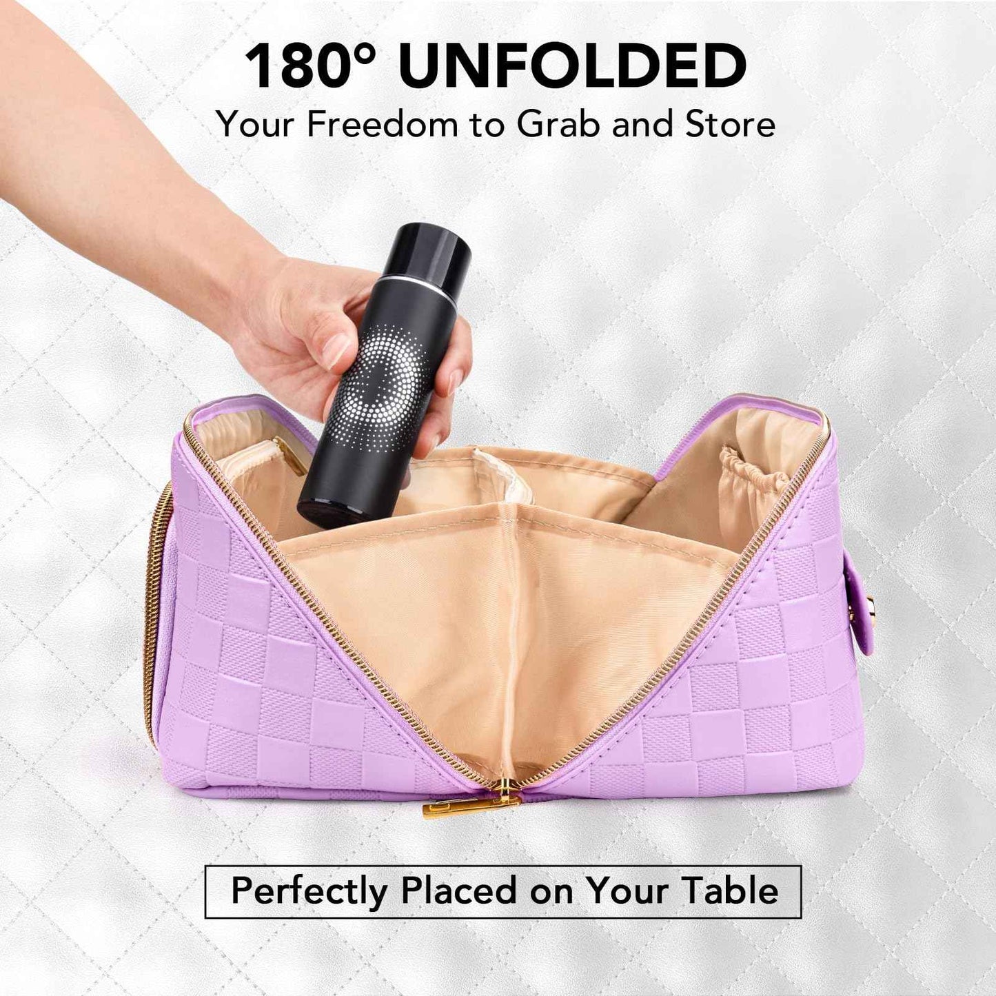 Travel Makeup Bag for Women, Large Capacity PU Leather Waterproof Checkered Cosmetic Bags, Portable Pouch Open Flat Toiletry Bag, Make up Organizer with Divider and Handle, Purple