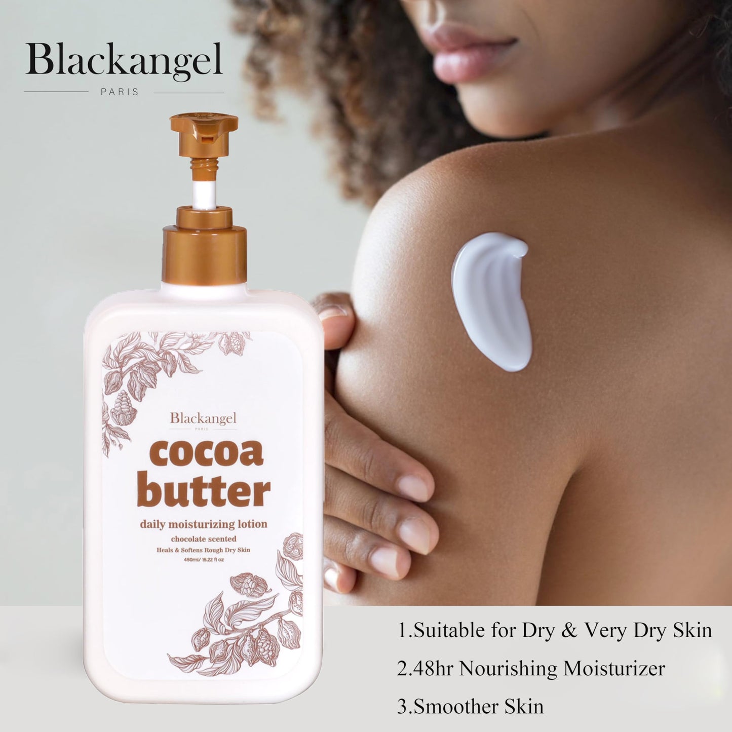 blackangel Cocoa Butter Body Lotion for Dry skin, Body Lotion & Facial Moisturizer for women, Cocoa Butter Cream, Plant-Based Moisturizer for 48 Hours of Hydration, 15.22 fl. oz