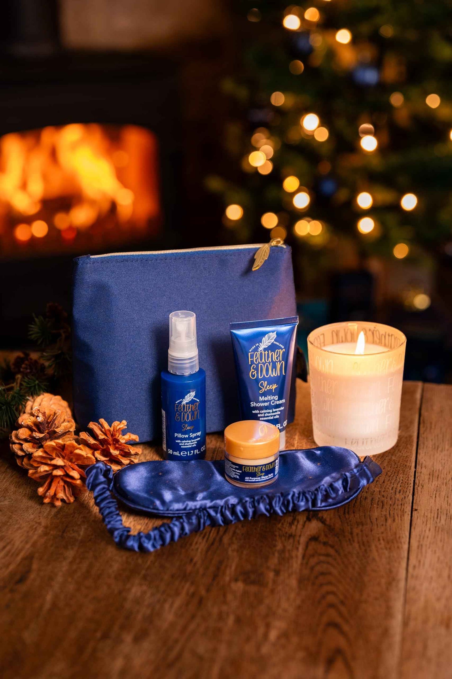 Feather & Down Sleeping Bag Gift Set: Luxury Eye Mask, Sleep Balm, Pillow Spray and Shower Cream, with Calming Lavender & Chamomile Essential Oils, Vegan & Cruelty Free