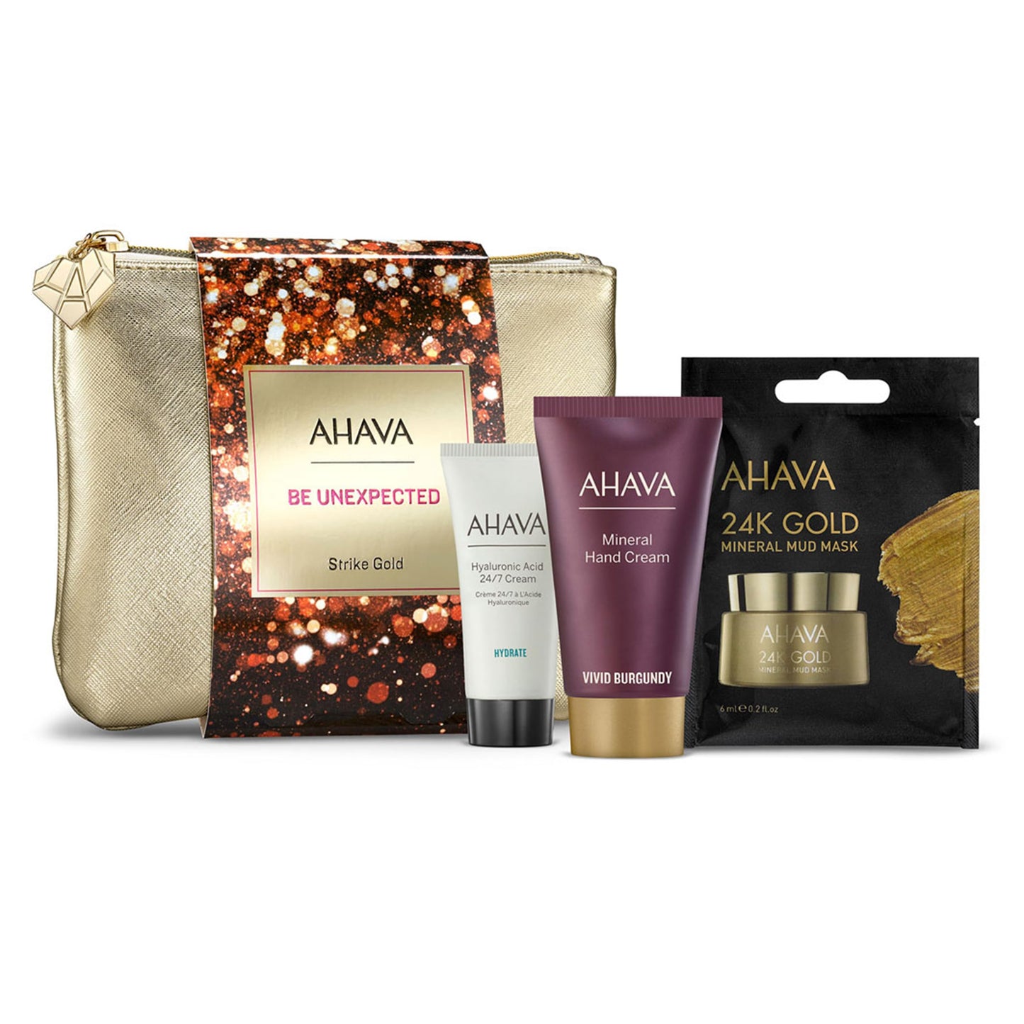 AHAVA Strike Gold Gift Set, Includes Hyaluronic Acid 24/7 Cream 15ml, Mineral Hand Cream Vivid Burgundy 40ml, and Single Use 24KGold Mineral Mud Mask 6ml