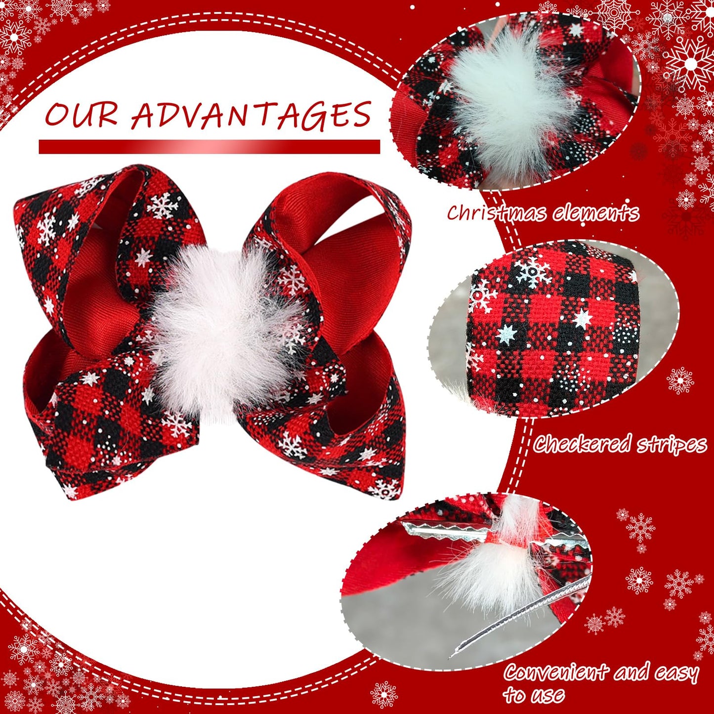 2Pcs Christmas Bow Clip Red Buffalo Plaid Hair Bow Clip for Girls Women Xmas Hair Accessories Winter Holiday Hair Clips Alligator Clip Non-slip Christmas Holiday Gift for Hair