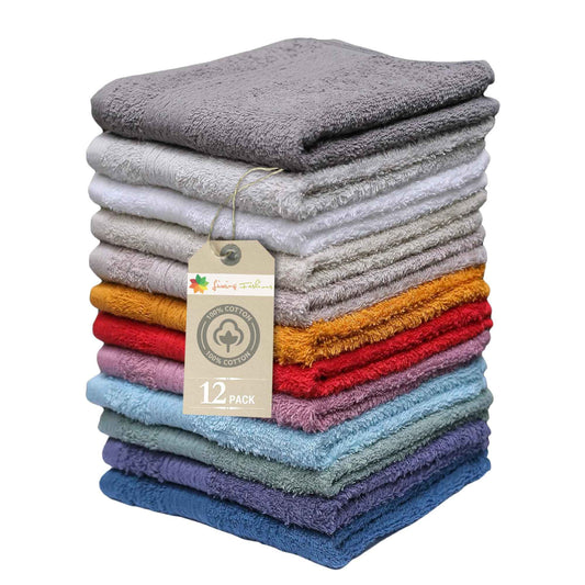 Living Fashions Washcloths, 12 Pack, 100% Extra Soft Ring Spun Cotton Wash Cloth, Size 13" X 13", Soft and Absorbent, Machine Washable, Vibrant Assorted Colors