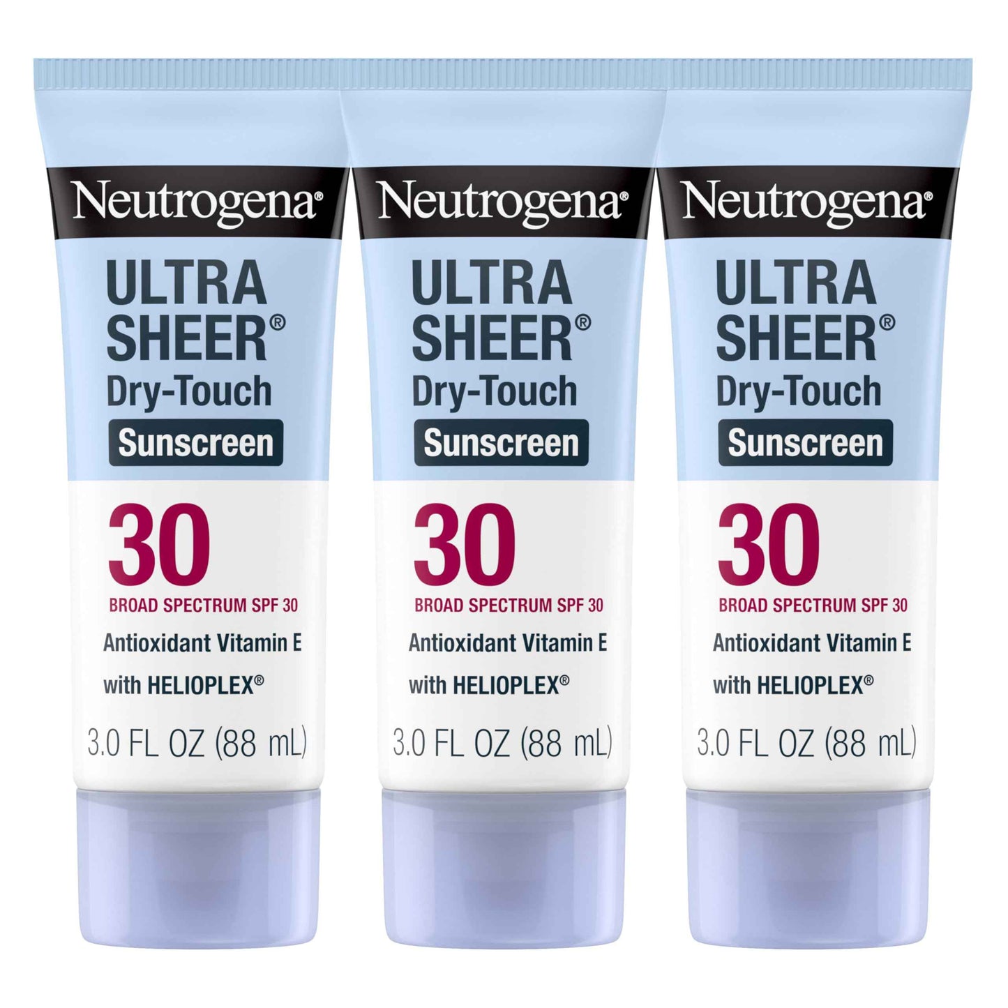 Neutrogena Ultra Sheer Dry-Touch Sunscreen for Face & Body, Helioplex SPF 30 Broad Spectrum UVA/UVB, Lightweight, Water Resistant & Non-Greasy, Hawaii Act 104 compliant, Travel Size 3 fl oz, Pack of 3