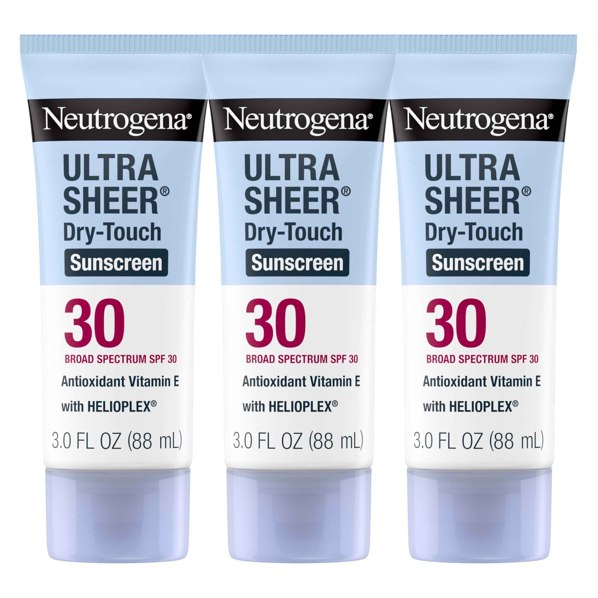 Neutrogena Ultra Sheer Dry-Touch Sunscreen for Face & Body, Helioplex SPF 30 Broad Spectrum UVA/UVB, Lightweight, Water Resistant & Non-Greasy, Hawaii Act 104 compliant, Travel Size 3 fl oz, Pack of 3