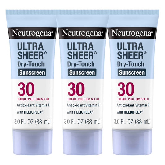 Neutrogena Ultra Sheer Dry-Touch Sunscreen for Face & Body, Helioplex SPF 30 Broad Spectrum UVA/UVB, Lightweight, Water Resistant & Non-Greasy, Hawaii Act 104 compliant, Travel Size 3 fl oz, Pack of 3