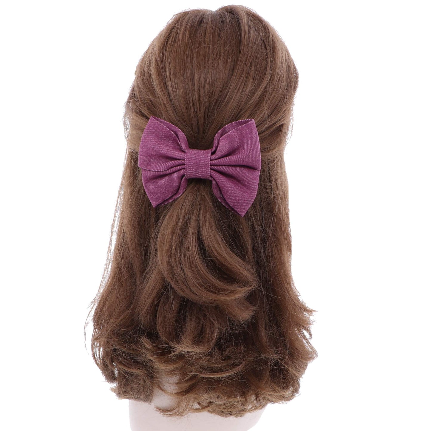 3.75 inch Wide Girls Denim Bow Clip - Purple