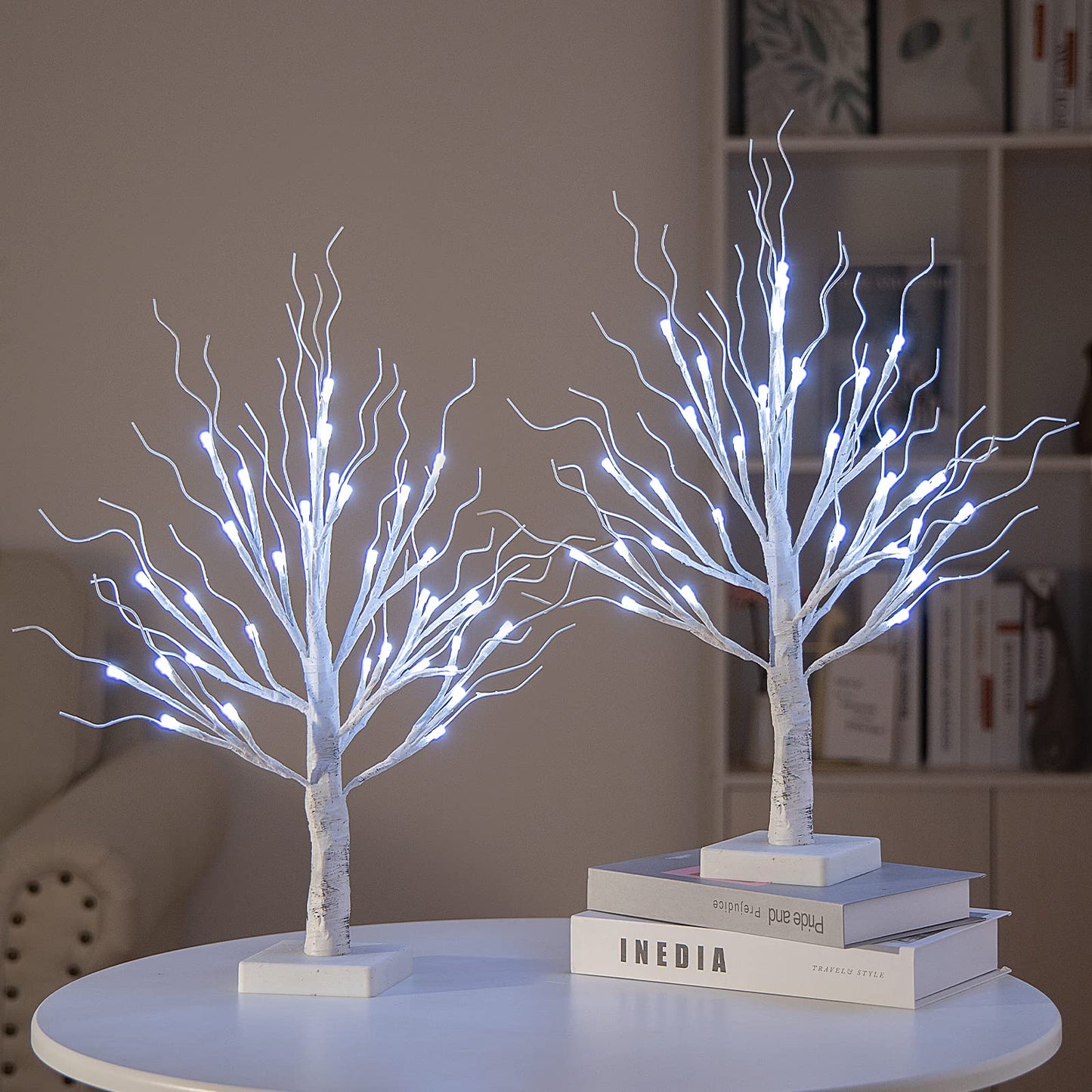 Brightdeco White Birch Tree with LED Lights Set of 2 Money Tree 36LED Tabletop Lighted Birch Tree for Christmas Halloween Wedding Decoration Indoor (White)