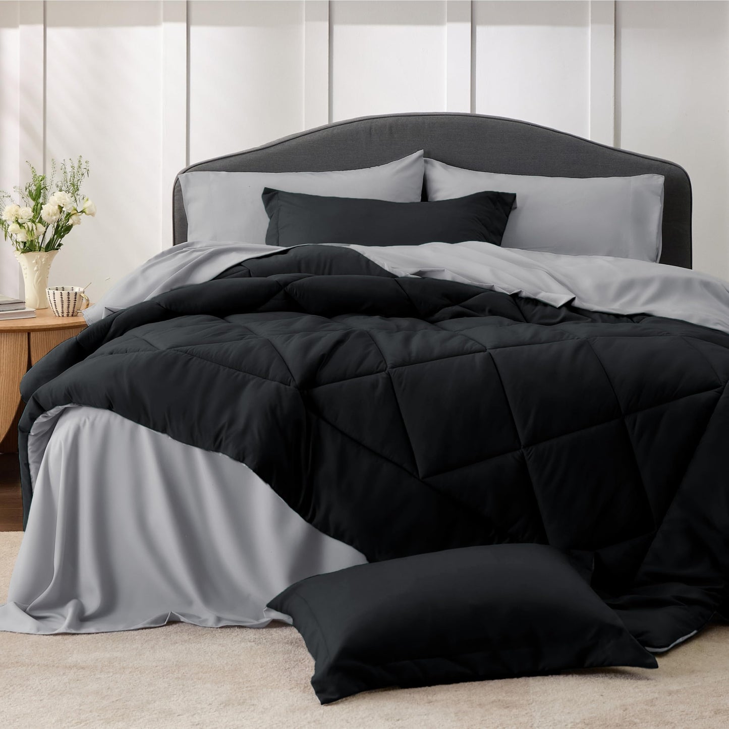 Bedsure Twin Bedding Set - 5 Pieces Reversible Twin Comforter Set, Black Extra Long Twin Bed in a Bag with Comforters, Sheets, Pillowcase & Sham, Bed Set Twin