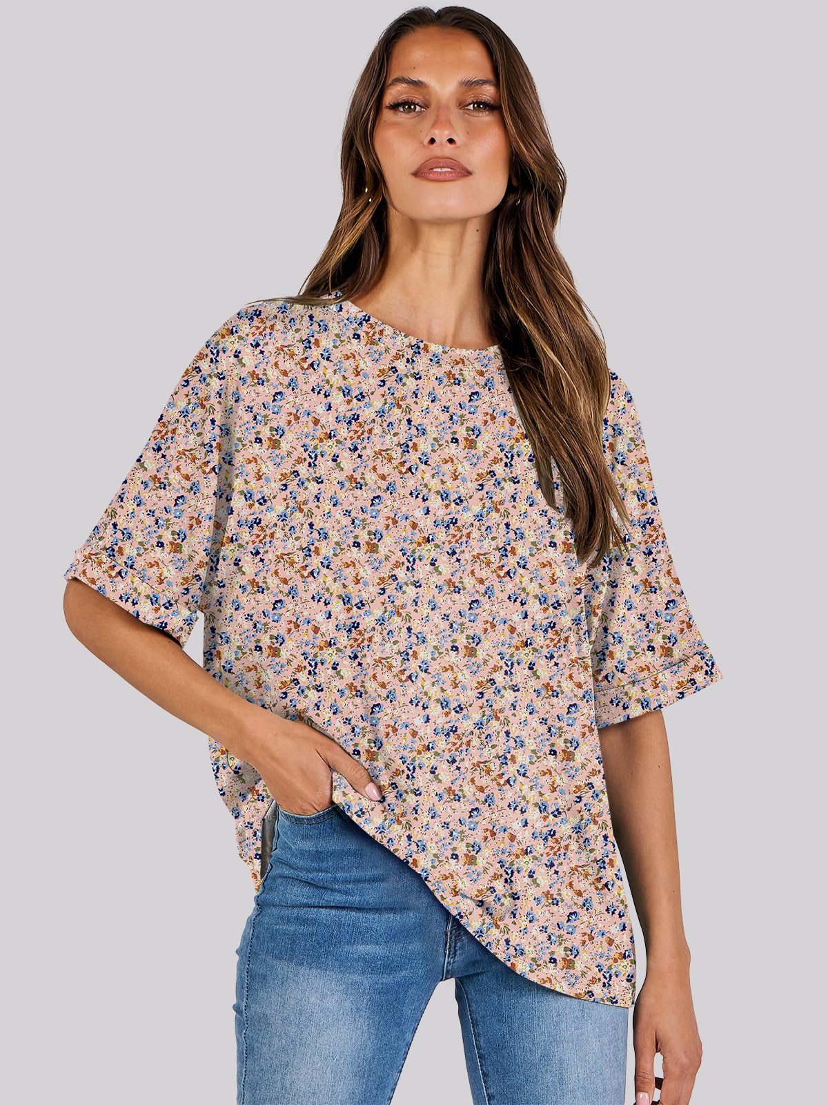 ANRABESS Women's Oversized T Shirts Floral Short Sleeve Crewneck Summer Tops Casual Loose Basic Tee Shirts 2024 Trendy Clothes Pink-flower Small