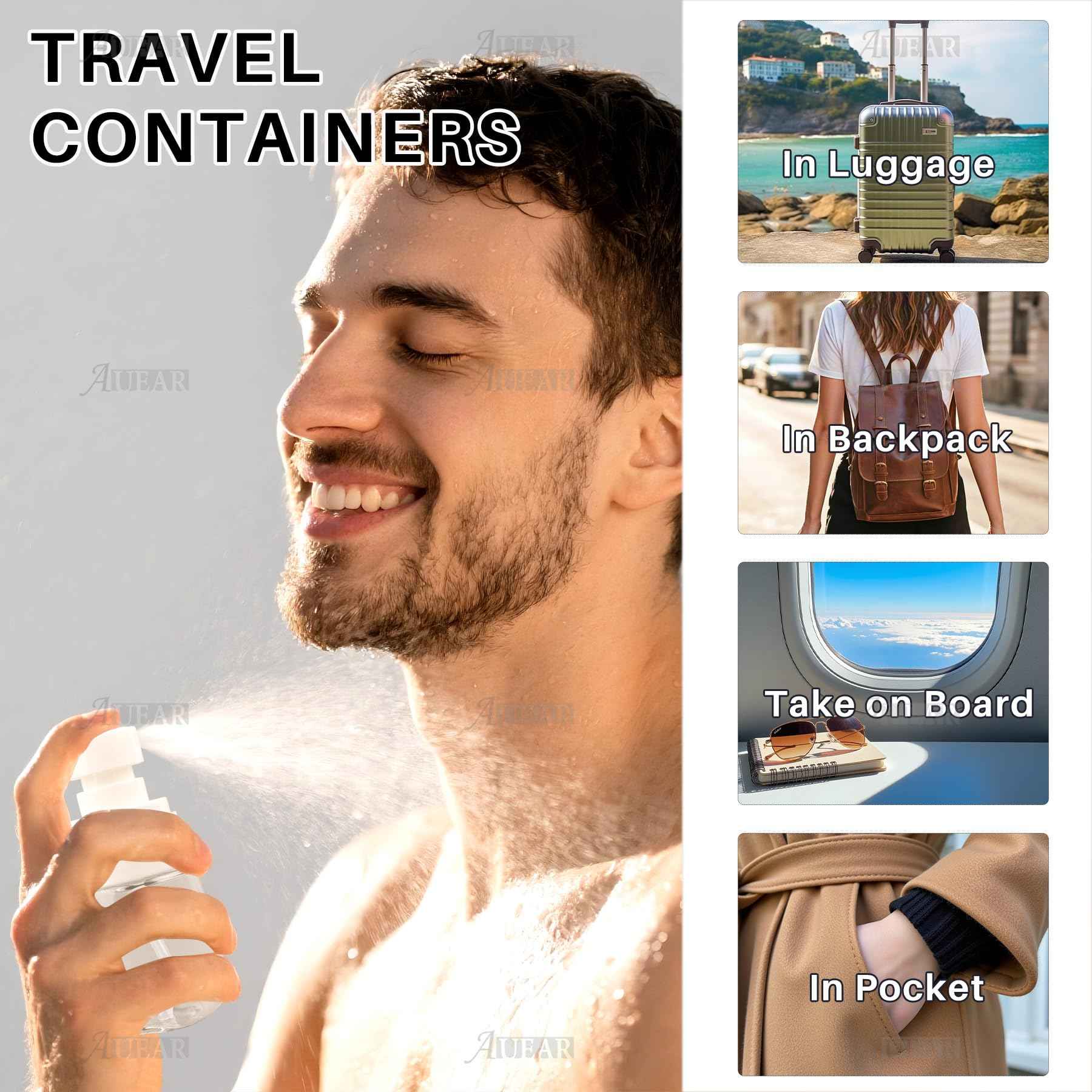 AUEAR, 4 Pcs 30ml Spray Bottles Plastic Empty Travel Refillable Mist for Skincare Makeup Hair Cleaning Lotion Perfume