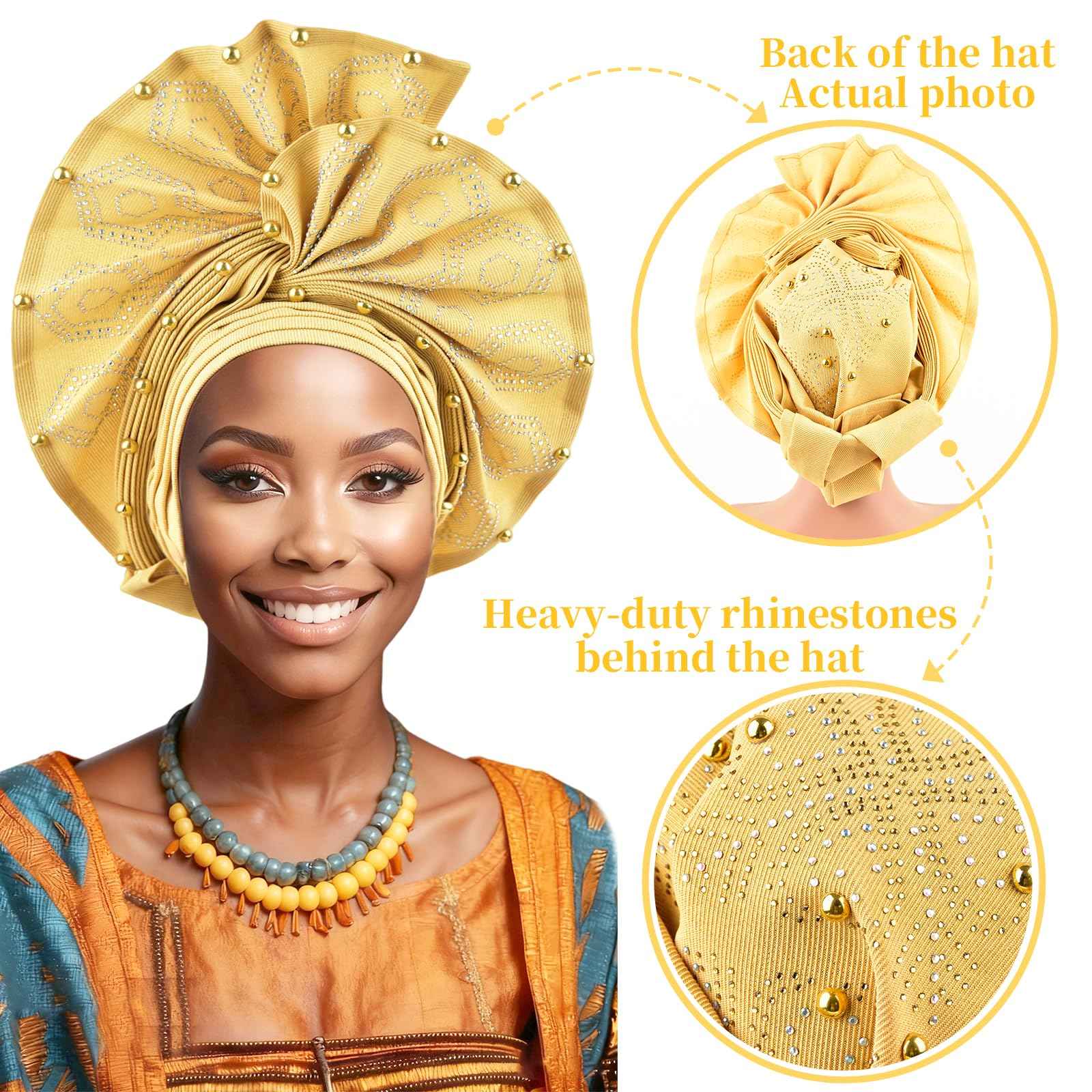 Nigerian headwear for Women African headscar,Auto Gele headband,hand wrap beaded - made for weddings parties events (Gold)