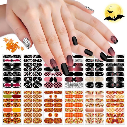 SILPECWEE 12 Sheets Nail Polish Stickers Full Nail Wraps Fall and Halloween Stick on Nail Polish Strips for Women Self Adhesive Gel Nail Strips Fingernail Stickers Nails with Nail File