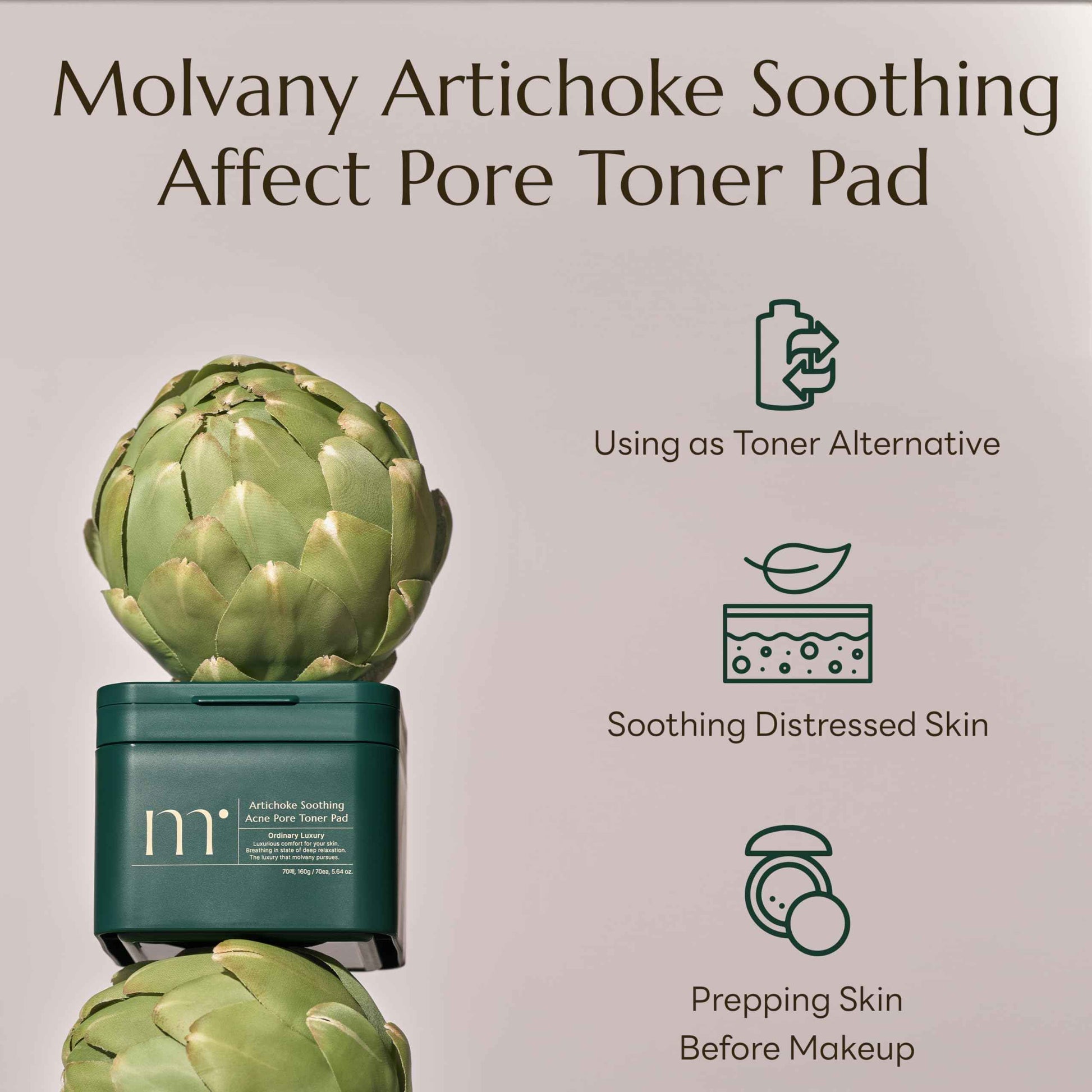 molvany Artichoke Soothing Affect Pore Toner Pad/ASAP Soothe&Calm Skin, Improve Skin Balance Recommended for Sensitive Skin, 70 Pads (160 g / 5.64 oz.)