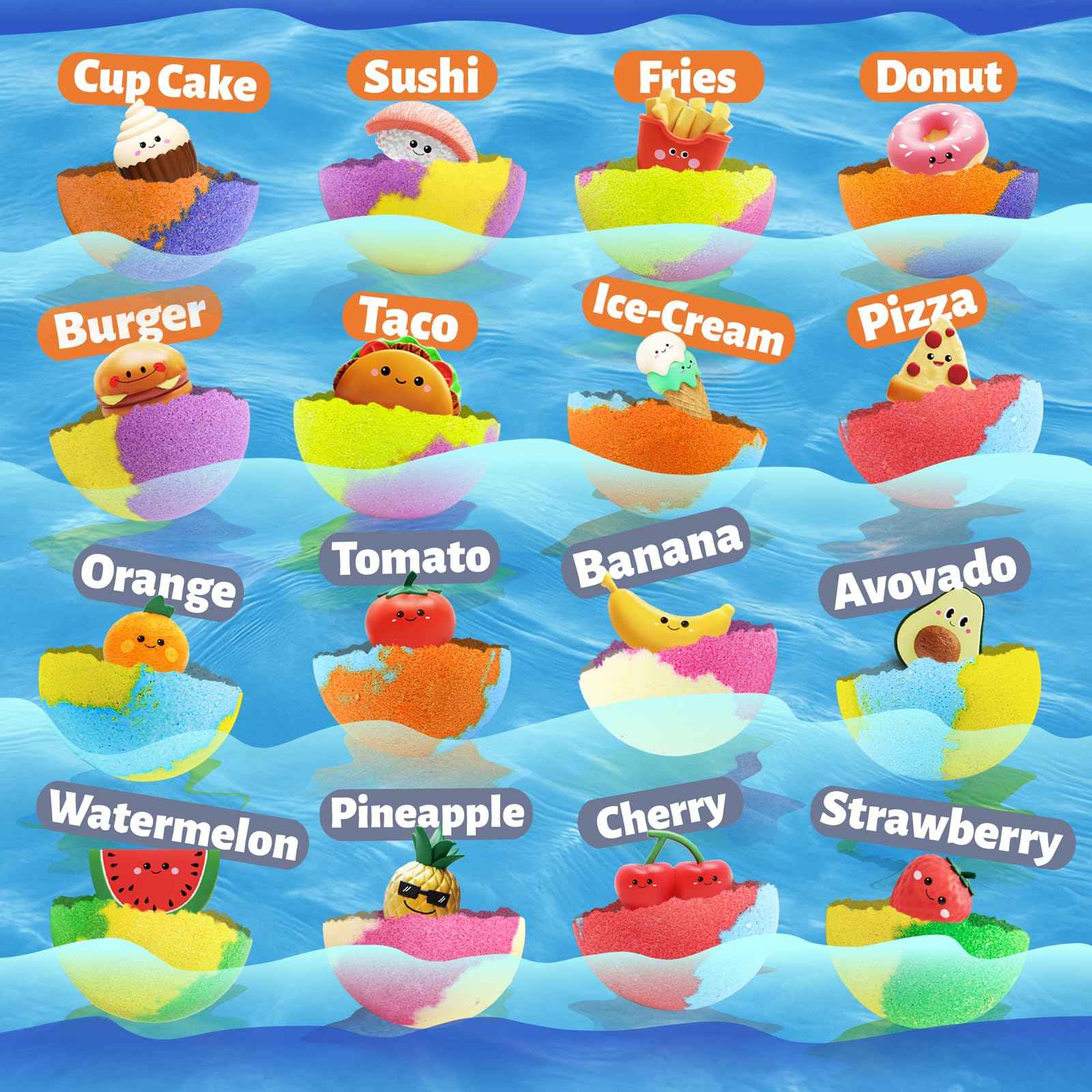 Zippytots Kids Bath Bombs with Food Toys Inside, 16 Pack Colorful Surprise Bath Fizzies Set, Organic Fizzy Bubble Bath Bombs for Girls & Boys, Ages 3+