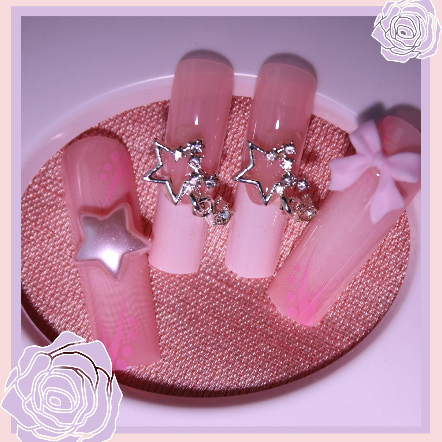 Pink Press on Nails Kit French Tip Nails Press Ones Charms Gems Star Pearl Long Rhinestone Pearl Fake Nails Artificial Coffin Gel Like Glossy 3D Bowknot False Nail Manicure for Women and Girls