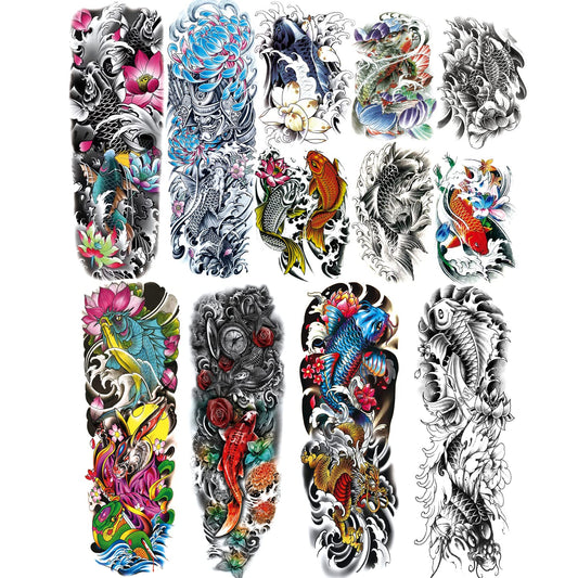 Fish Sleeve Temporary Tattoos Waterproof Fish Arm Tattoos Temporary and Extra Large Full Tattoo Sleeves for Men Women Halloween,12-Sheet