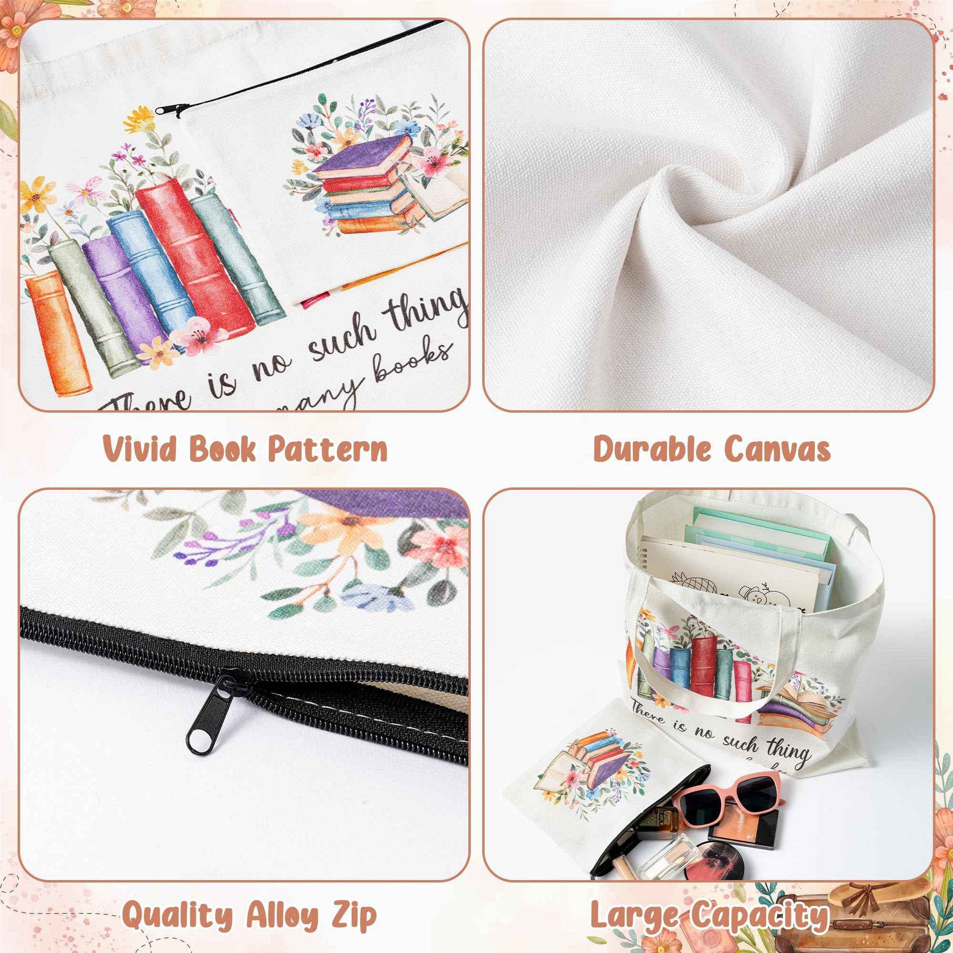 Y1tvei Aesthetic Canvas Tote Bag - 2Pcs Colorful Reading Canvas Cosmetic Bag Set There Is No Such Thing As Too Many Books Tote Bag Makeup Reusable Grocery Bags Black to School Gift for Women Girls