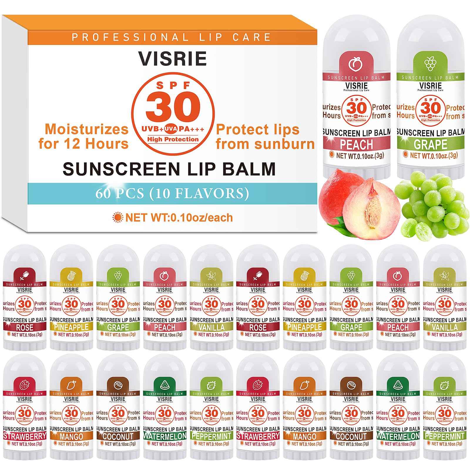 VISRIE SPF 30 Sunscreen Lip Balm, SPF Lip Balm Bulk 60 Count, Broad Spectrum UVA/UVB Lip Sunscreen with Vitamin E and Coconut Oil- 10 Flavors