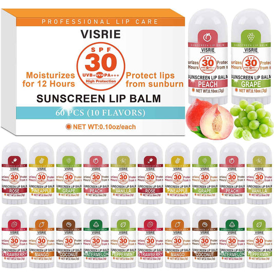 VISRIE SPF 30 Sunscreen Lip Balm, SPF Lip Balm Bulk 60 Count, Broad Spectrum UVA/UVB Lip Sunscreen with Vitamin E and Coconut Oil- 10 Flavors
