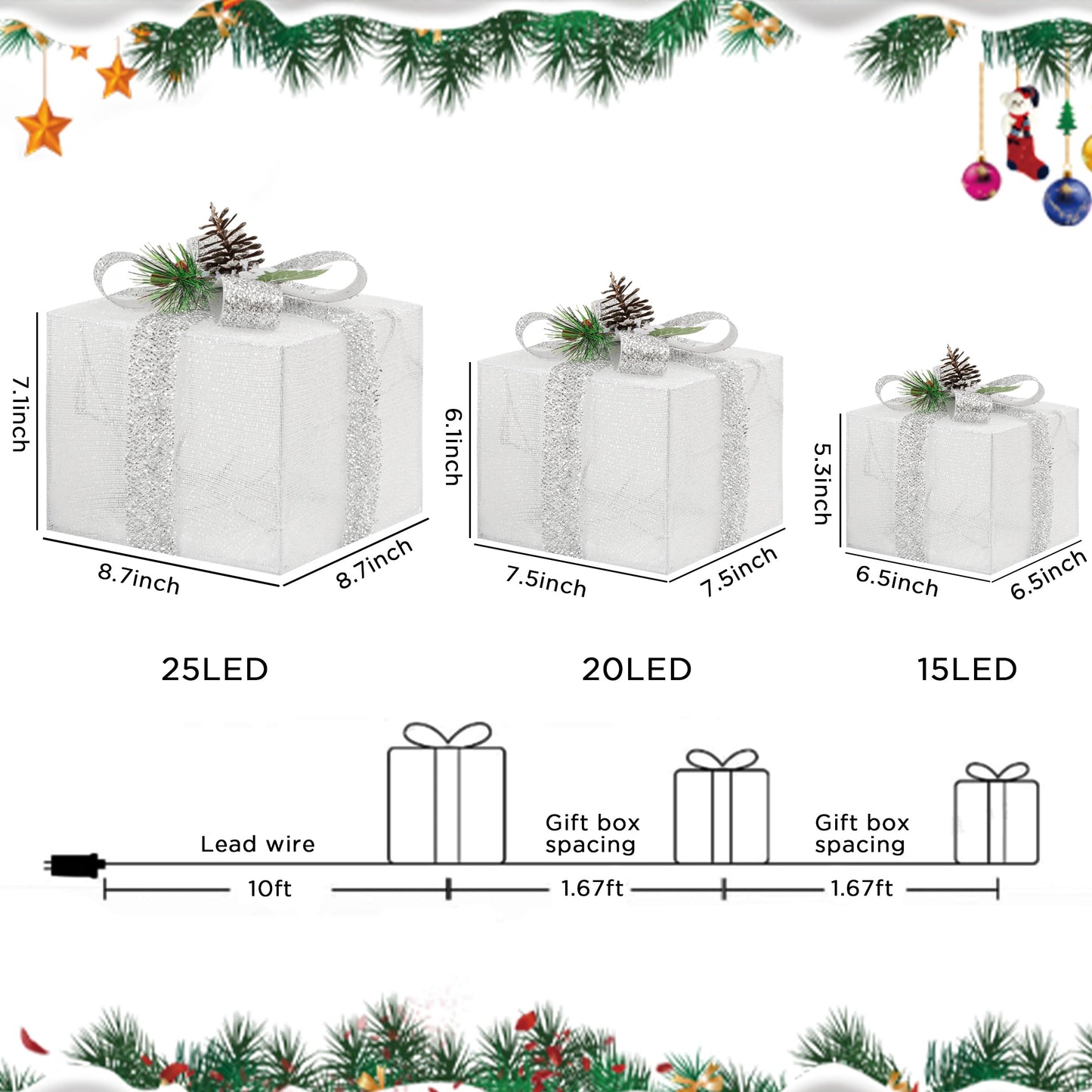 Set of 3 Plug-in Christmas Lighted Gift Boxes, Pre-lit 60 LED Light Up Decorations, Outdoor Christmas Decorations Indoor Outside Porch Yard Christmas Tree Lighted Display, White