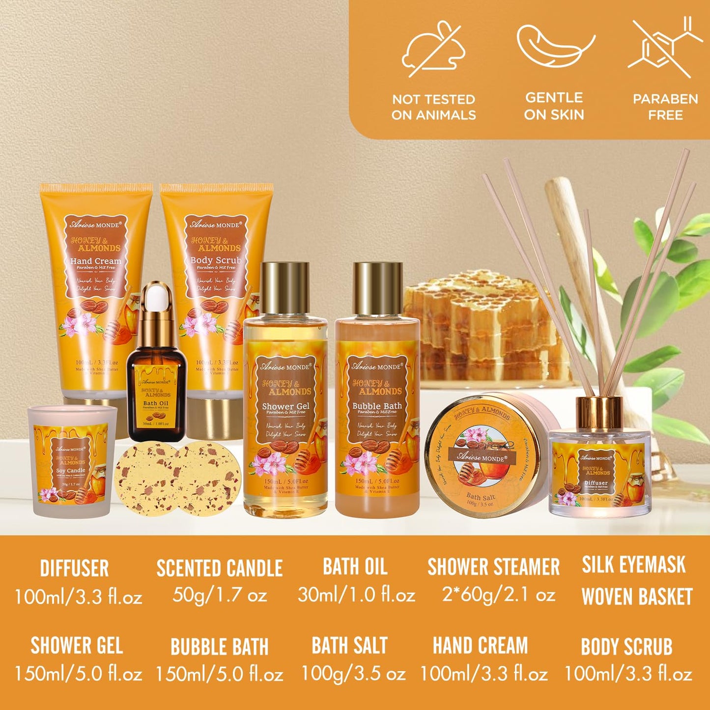 Gifts for Women, Bath and Body Gift Set for Women with 13pcs Honey Almond Scented Spa Gifts for Women, Bath Sets Includes Scented Candle, Shower Steamer, Bubble Bath, Bath Salt. Mothers Day Gifts