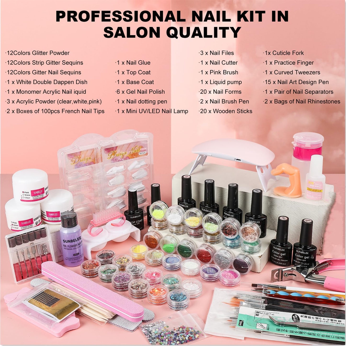 Acrylic Nail Kit for Beginners with Everything, with Professional Gel Nail Polish Kit with UV Light Nail Kit Set Acrylic Powder Kit Nail Art Tips Nail Art Decoration, DIY Nail Art Tool Nail Supplies