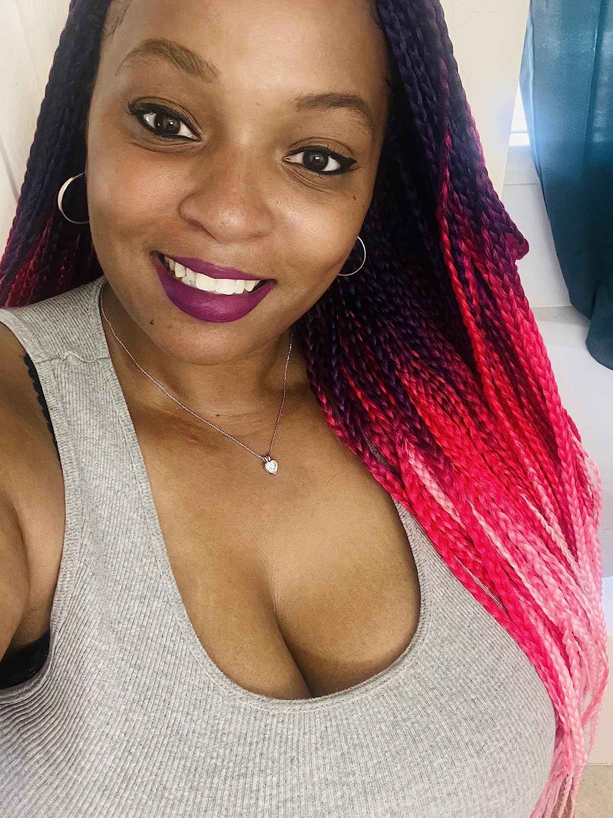 Ombre Box Braid Crochet Hair 24 Inch 6 Packs Medium Size Synthetic Pre-looped 3 Tone Crochet Braids Hair Extensions for Black Women (24Inch,Purple-Red-Pink)