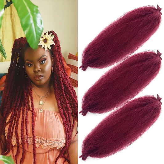 Pre Fluffed Burgundy Spring Twist Crochet Hair Marley Twist Braiding Hair 3 Packs Springy Afro Kinky Cuban Twist Hair 24 Inch for Soft Locs Jamaican Twist Up Braid Hair