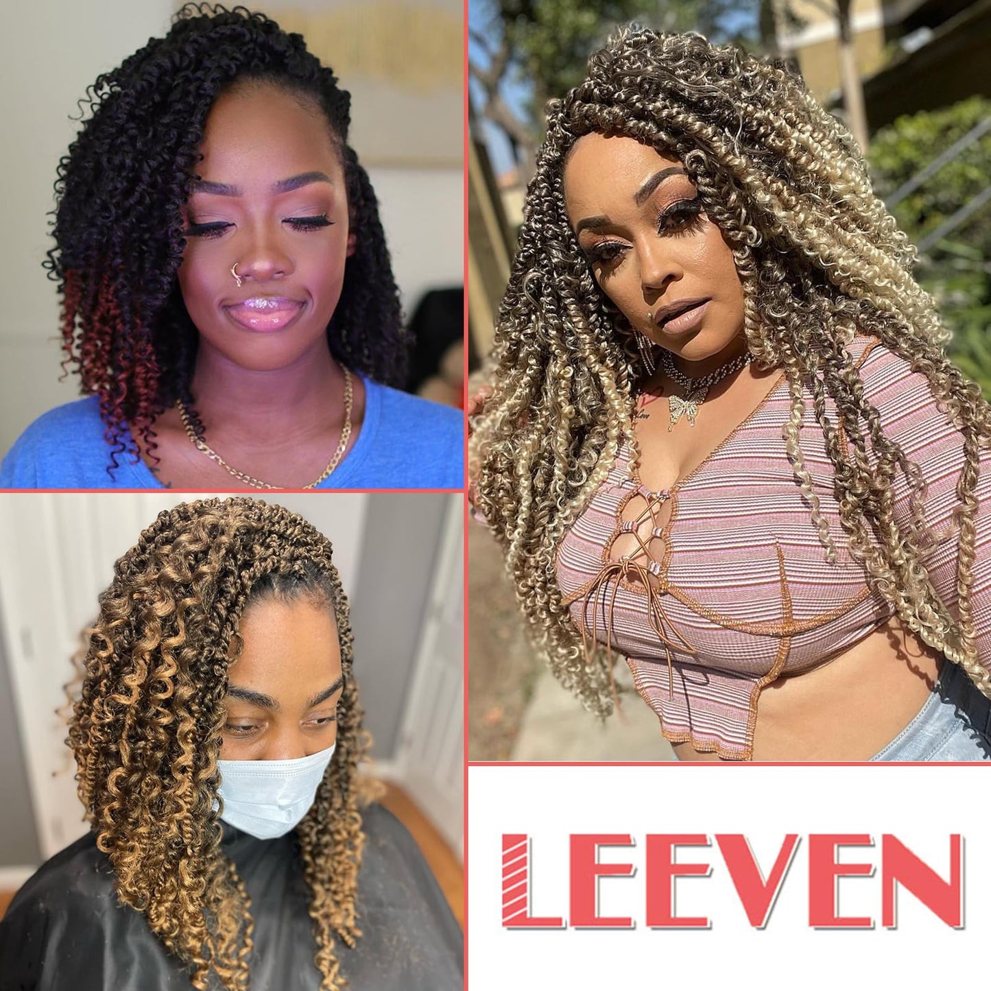 Leeven 24 Inch Passion Twist Crochet Hair Boho Style 8 Packs Pre Twisted Goddess Passion Twist Black Pre Looped Bomb Twists Curly Ends Bohemian Synthetic Braids for Women #1B