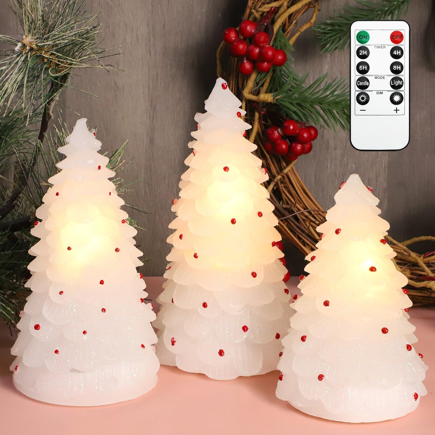 MELTONE Christmas Tree LED Candles: Handmade Carved Real Wax Holiday Flameless Candles with Remote - Home Party Bedroom Xmas Holiday Decorations - Set of 3