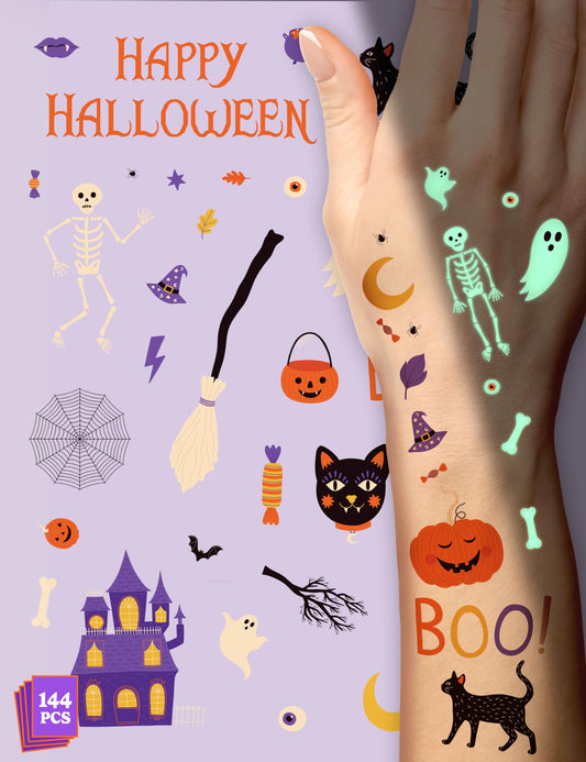 HOUSE OF PARTY Halloween Temporary Tattoos for Kids - Pack of 144 - Glow in the Dark Tattoos - Non-Toxic Waterproof Stickers for Boys and Girls - Ideal for Happy Halloween Decorations!