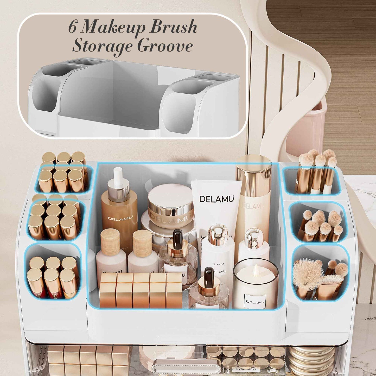 Delamu Makeup Organizer Countertop with 6 Brush Holder, Bathroom Countertop Organizer with 2 Large Drawers, Cosmetic Display Case for Vanity, Ideal Christmas Gifts for Women Girls, Light White