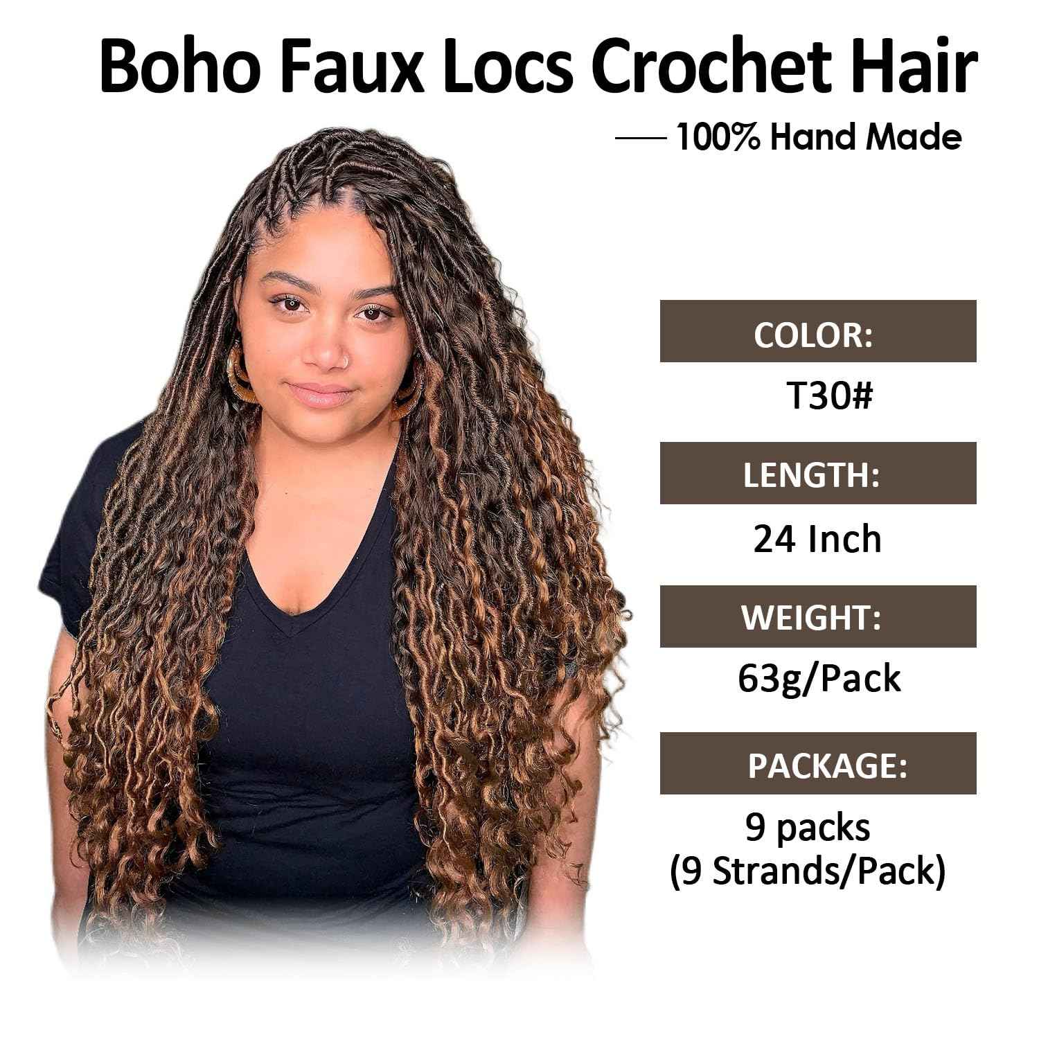 9 packs Boho Faux Locs Crochet Hair, 24 Inch, Ombre Medium Dark Brown Pre Looped Goddess Soft Locs Crochet Hair with Curly Ends, Bohemian River Locs for Black Women(T1B/30#, 24 Inch)