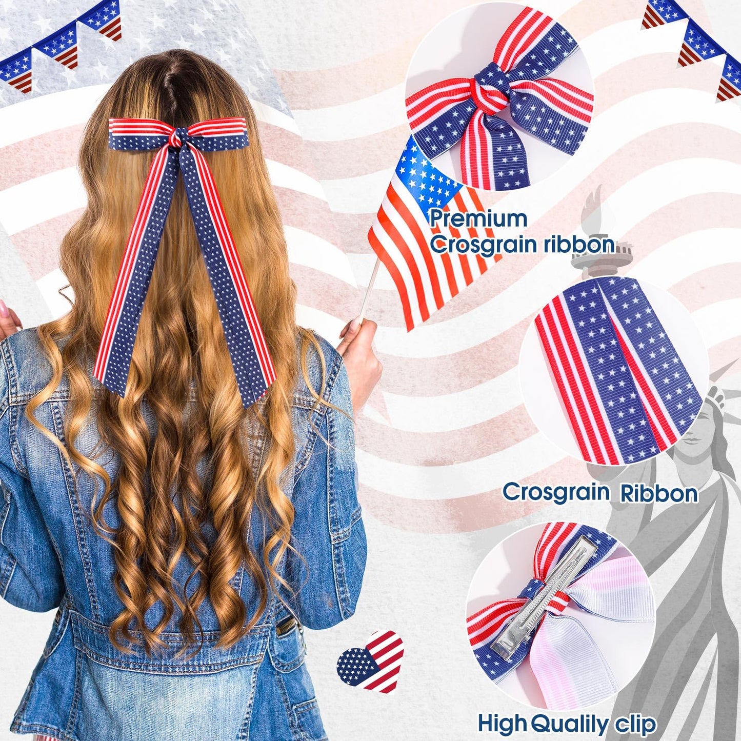 TOKUFAGU 2 Pcs American Flag Hair Bow Hair Clips, Fourth of July Hair Accessories Patriotic Hair Bows for Girls Women