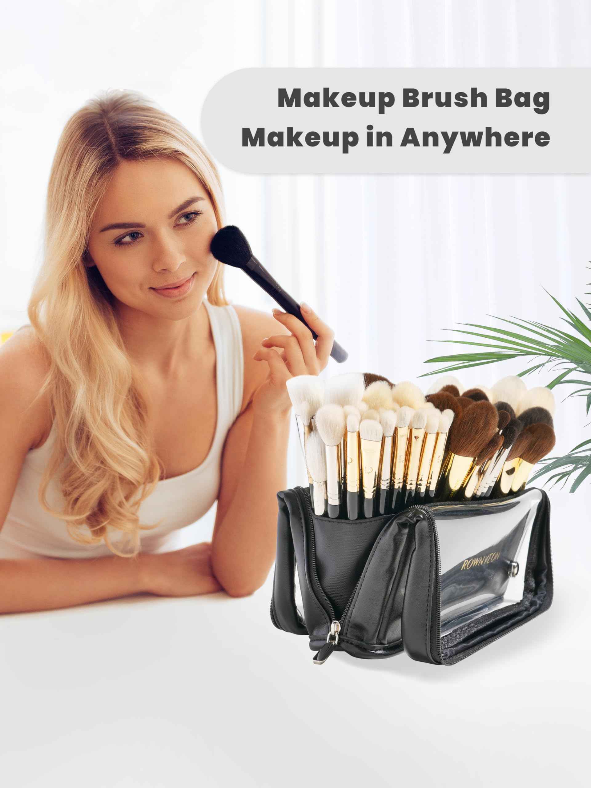 ROWNYEON Makeup Brush Bag, High Capacity Stand-Up Makeup Brush Holder, Travel Professional Cosmetic Bag Artist Organizer Bag Large Makeup Brush Case with Adjustable Divider (Brushes Not included)