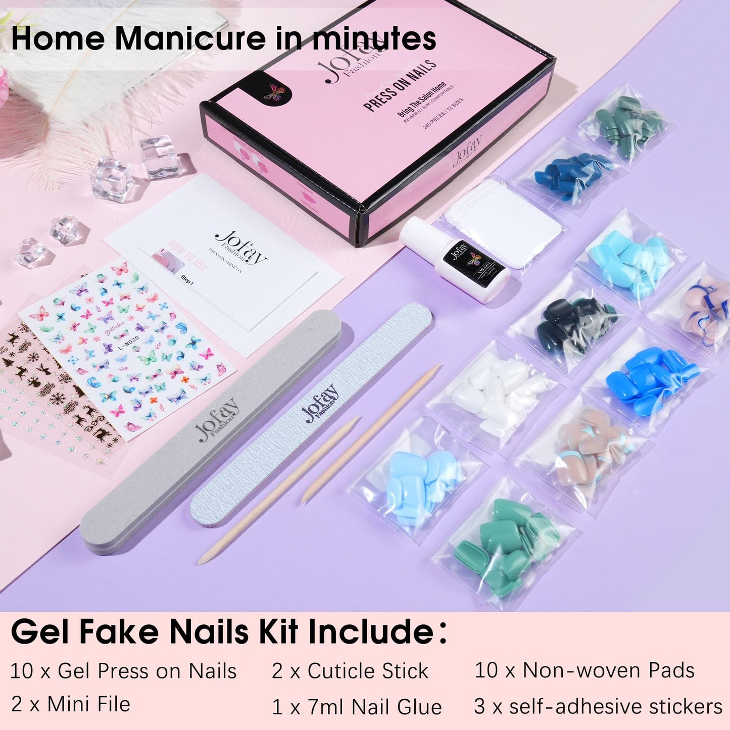 Square Press On Nails Kit 10Pack 240Pcs - Acrylic Short Fake Nails, French Tip Glue on nails, Natural Fit Gel Nails press on Glossy Artificial False Nails - Stick on nails for Women