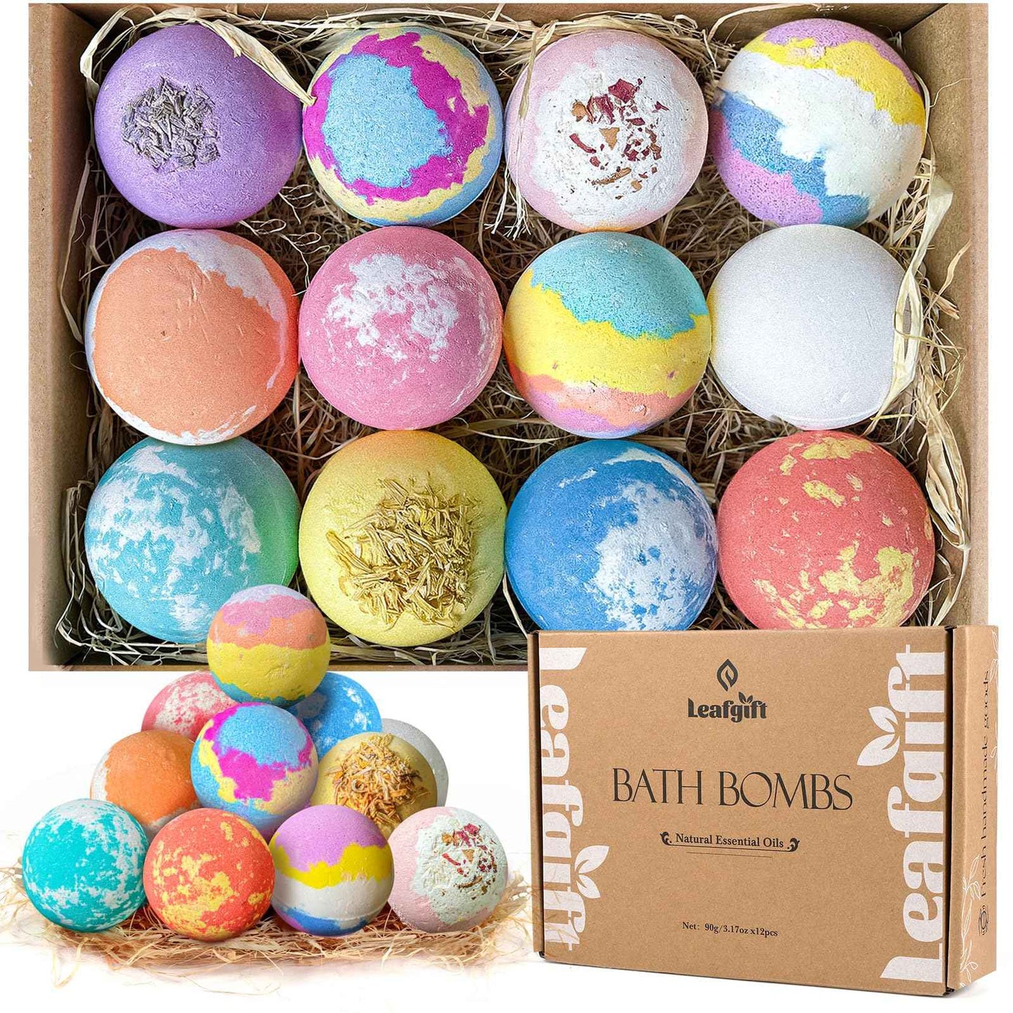 Leafgift Bath Bombs Gift Set, 12pcs Handmade Bath Fizzies with Natural Sea Salt Cocoa & Shea Butter, Perfect for Bubble Bath Spa, Moisturizing Dry Skin, Stress Relief, Best Gift for Women, Men