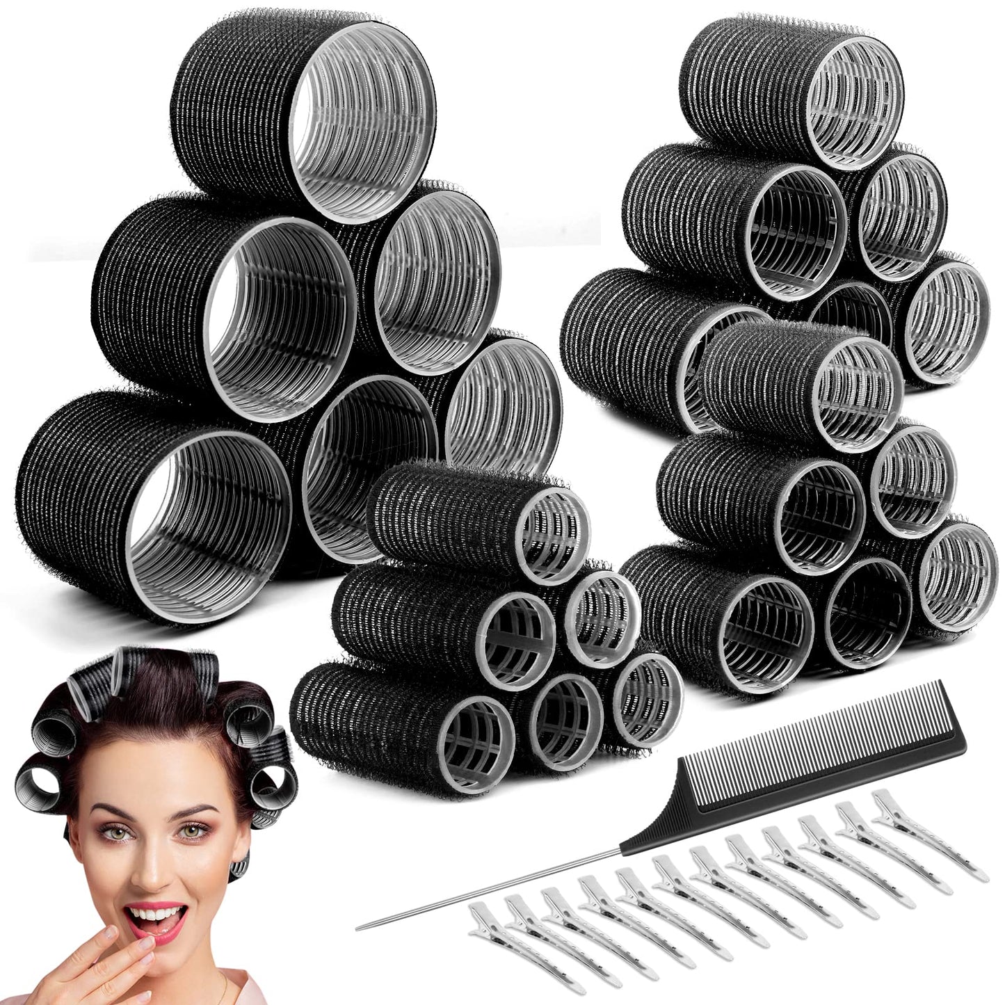 Cludoo Jumbo Hair Curler Rollers 24PCS Heatless Hair Roller with 12PCS Clips, 4 Sizes（Jumbo Large Medium Small）Self Grip Holding Hair Rollers for Long Medium Short Thick Fine Volume Thin Bangs Hair