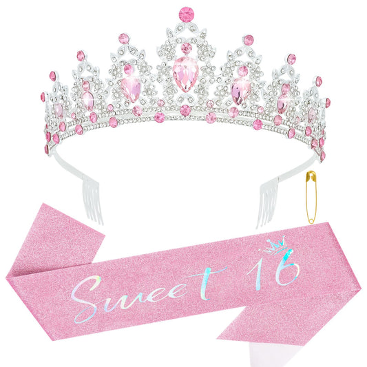 YARIEW Pink Sweet 16 Sash and Tiara, Sweet 16 Birthday Decorations for Girls, Birthday Crown and Sash, 16th Birthday Gifts for Girls, Sweet Sixteen Gifts for Girls…